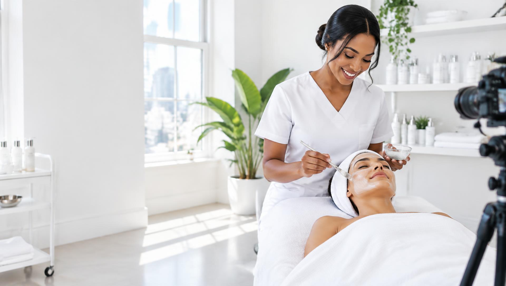 Facial content being filmed in a bright white med spa studio